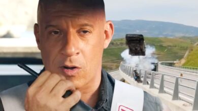 Vin Diesel as Dom in Fast X juxtaposed with a car being shot from an air cannon.