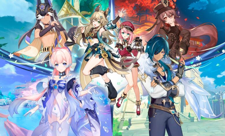Genshin Impact 3.7's key art, featuring Kokomi to the left and Kaeya to the right. Between them are Kirara and Charlotte. Above Kokomi is Cyno and above Kaeya stands Hu Tao. In the background is a collage of all the four regions in Genshin Impact so far.