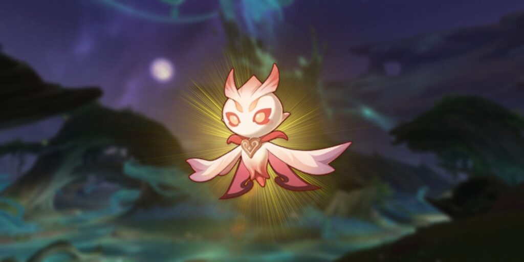 Genshin Impact's Sorush Pet with a yellow backlight, superimposed on a blurred-out image of the big tree in Realm of Farakhkert.