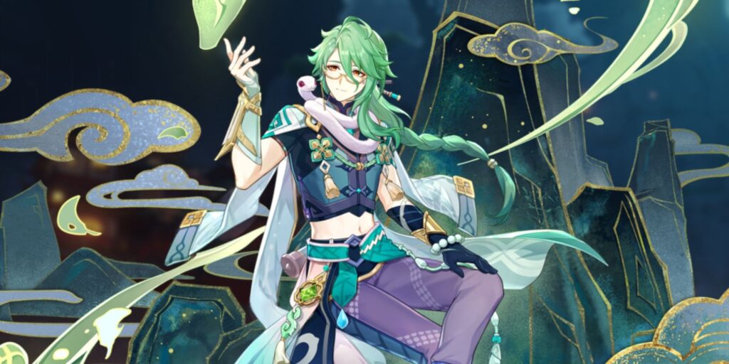 The splash art for Genshin Impact's Baizhu, sitting on a rock and extending his right hand into the air, while his pet snake is resting around his neck.