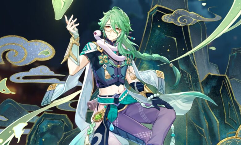 The splash art for Genshin Impact's Baizhu, sitting on a rock and extending his right hand into the air, while his pet snake is resting around his neck.