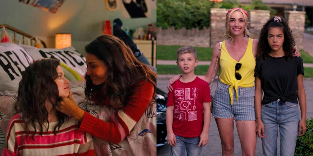 Split image of charactrs in Ginny and Georgia looking at each other and standing together