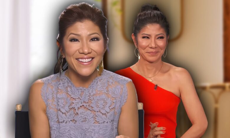 julie chen montage big brother smiling in mauve and red outfits