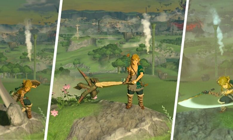 Link using various fused weapons in collage