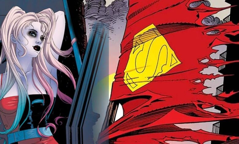 Harley Quinn in a Coffin Next to Superman's Cape on a Pole from Superman 75