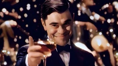 Man in AI generated trailer raising glass like Leonardo DiCaprio in The Great Gatsby