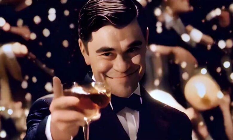 Man in AI generated trailer raising glass like Leonardo DiCaprio in The Great Gatsby