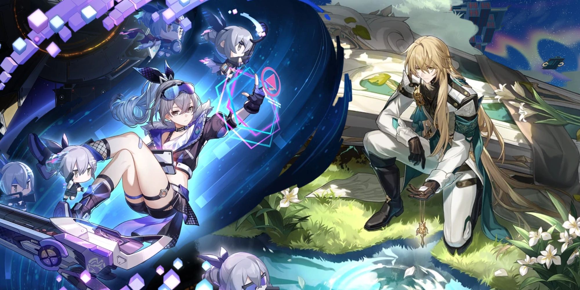 Honkai Star Rail's key art of Silver Wolf to the left and Luocha's key art to the right.