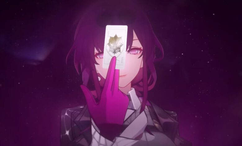 Kafka from Honkai: Star Rail holding a card up in front of her face between her middle and pointer fingers.