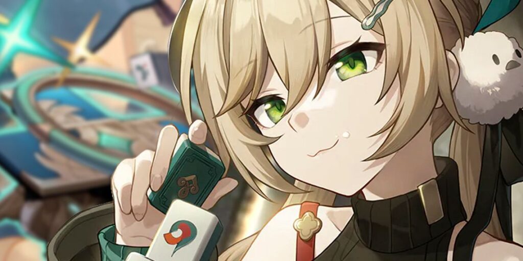 A close-up on Honkai Star Rail's Qingque, who is playing with two Jade Tiles.