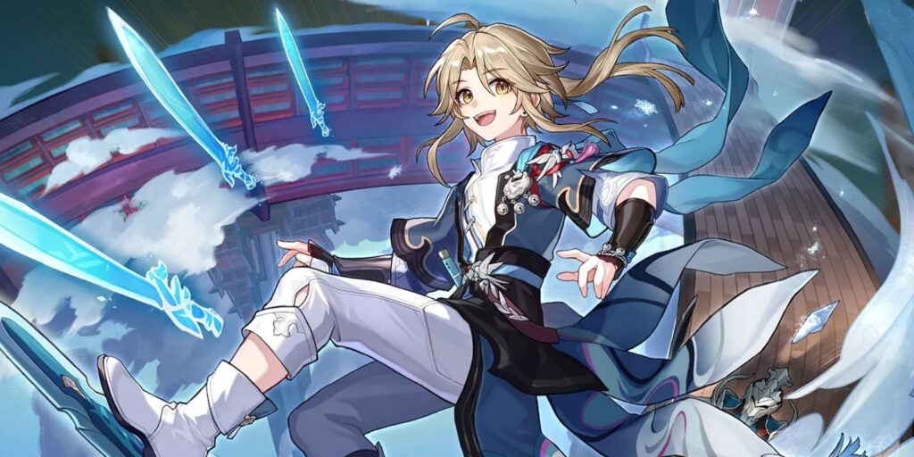 Honkai Star Rail's Yanqing, a blonde boy in blue and white clothing, surfing on an ice sword.