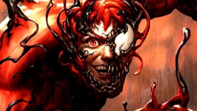Cletus Kasady wearing the Carnage symbiote.