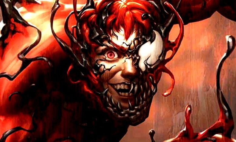 Cletus Kasady wearing the Carnage symbiote.