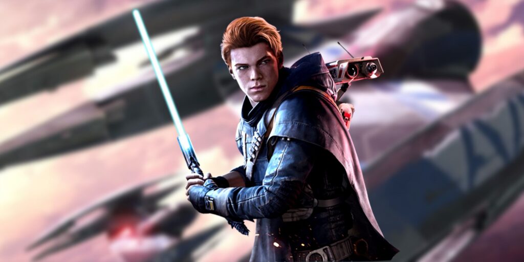 Star Wars Jedi Survivor protagonist Cal Kestis superimposed onto an image of vulture droids.