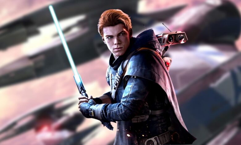 Star Wars Jedi Survivor protagonist Cal Kestis superimposed onto an image of vulture droids.