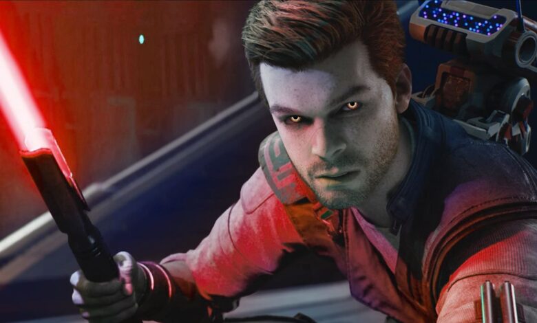 A Photoshopped image of Cal in Star Wars Jedi: Survivor to make the Jedi now wield a Red Lightsaber and sport yellow Sith eyes