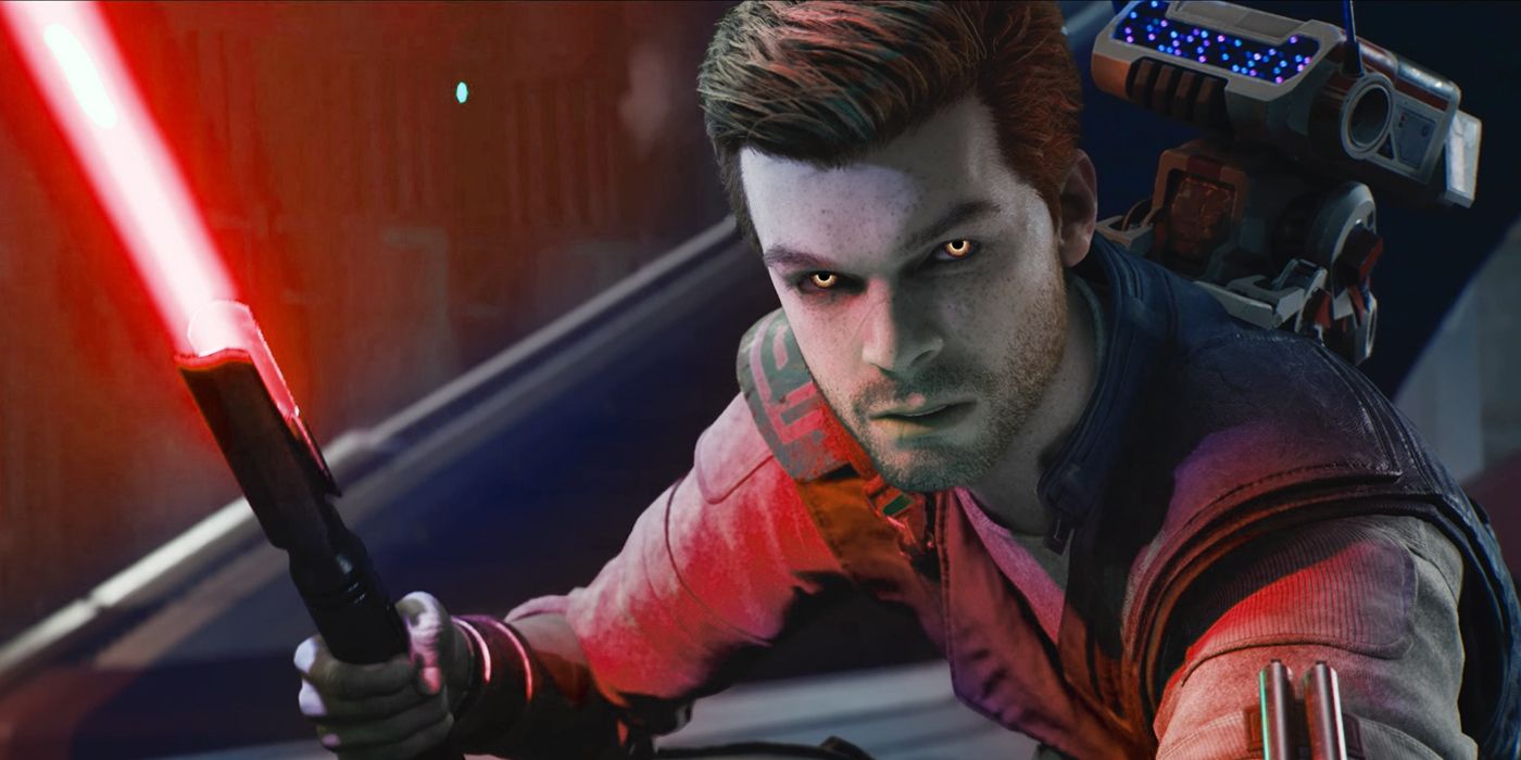 A Photoshopped image of Cal in Star Wars Jedi: Survivor to make the Jedi now wield a Red Lightsaber and sport yellow Sith eyes