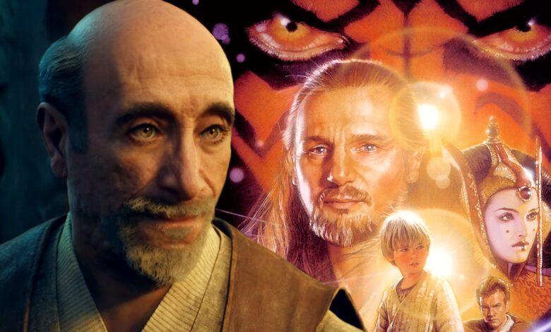 Jedi Master Eno Cordova from Star Wars Jedi: Survivor next to the poster art for The Phantom Menace, showing Qui-Gon Jinn, Anakin, Queen Amadala, and Obi-Wan Kenobi in front of Darth Maul's face.