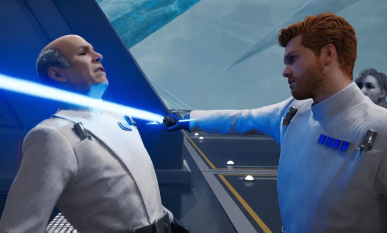 Cal Kestis threatens ISB Commander Denvik with his lightsaber in Star Wars Jedi: Survivor