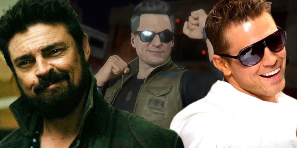 Blended image of The Miz smiling, Billy Butcher smiling from The Boys, and Johnny Cage in the center with fist raised in Mortal Kombat