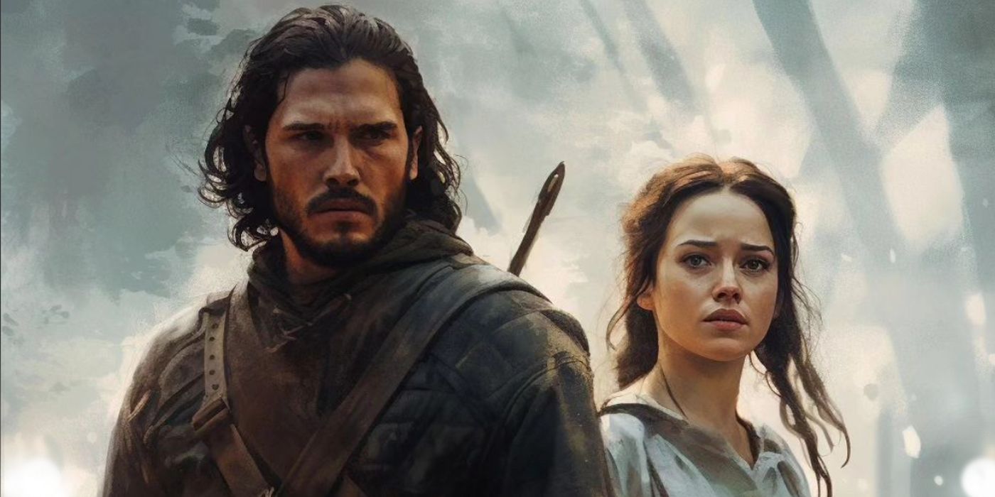Jon Snow y Katniss Everdeen entrenan juntos en GOT Hunger Games Crossover AI Art