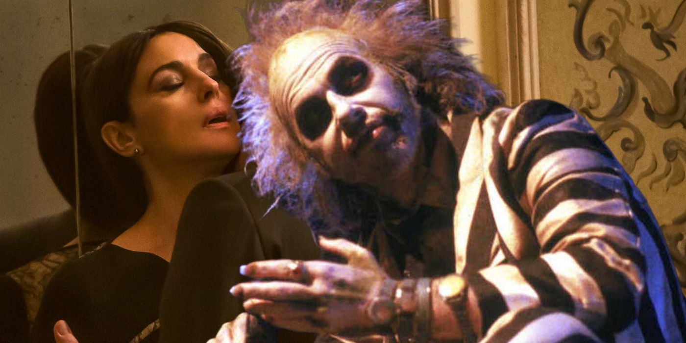 Monica Bellucci from Spectre Behind Michael Keaton as Beetlejuice
