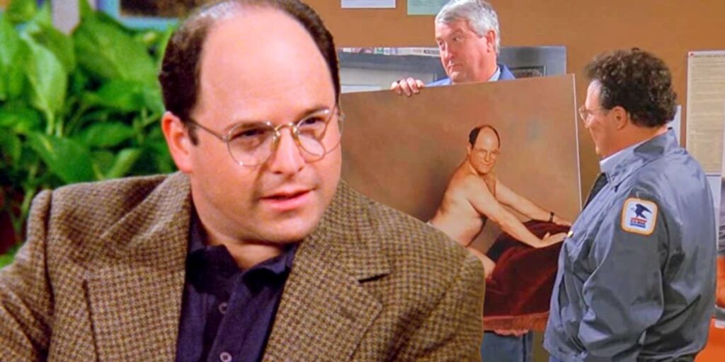 Jason Alexander as George juxtaposed with Newman looking at a boudoir photo of George in Seinfeld.