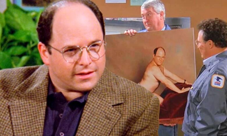 Jason Alexander as George juxtaposed with Newman looking at a boudoir photo of George in Seinfeld.