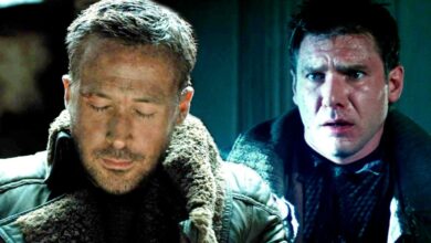 Blended image of K looking down in Blade Runner 2049 and Deckard looking confused in Blade Runner