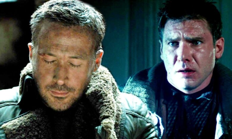 Blended image of K looking down in Blade Runner 2049 and Deckard looking confused in Blade Runner