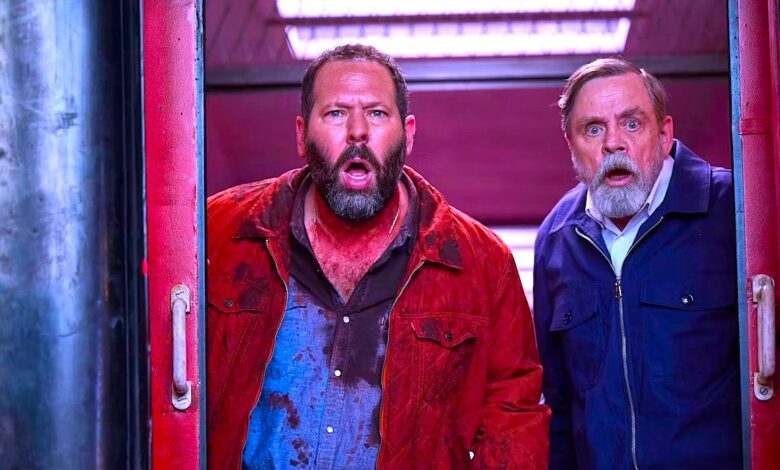Bert Kreischer and Mark Hamill looking shocked in The Machine