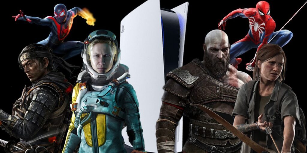 The PS5 in the centre of a black screen surrounded by some of its console-exclusive protagonists