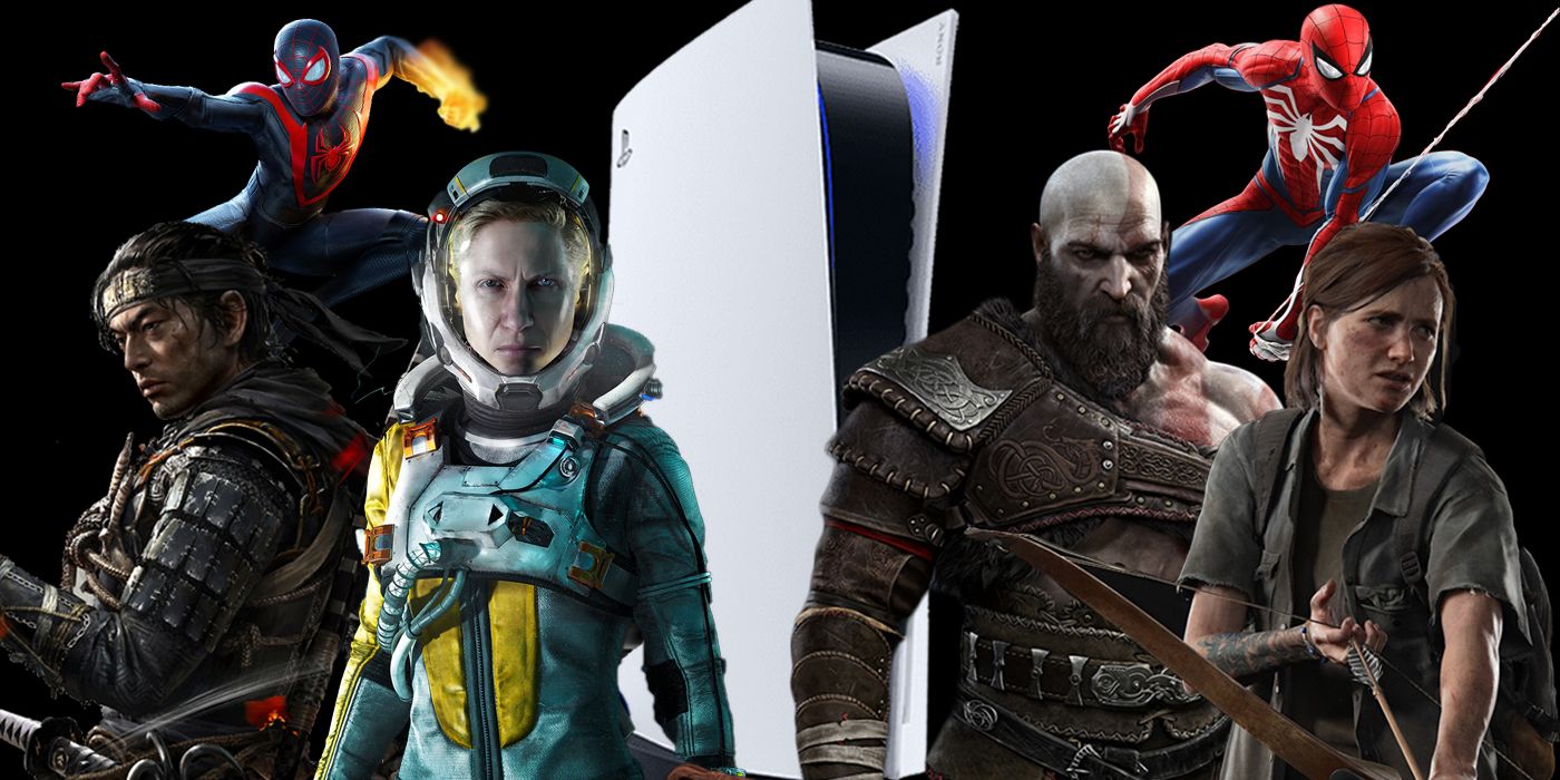 The PS5 in the centre of a black screen surrounded by some of its console-exclusive protagonists