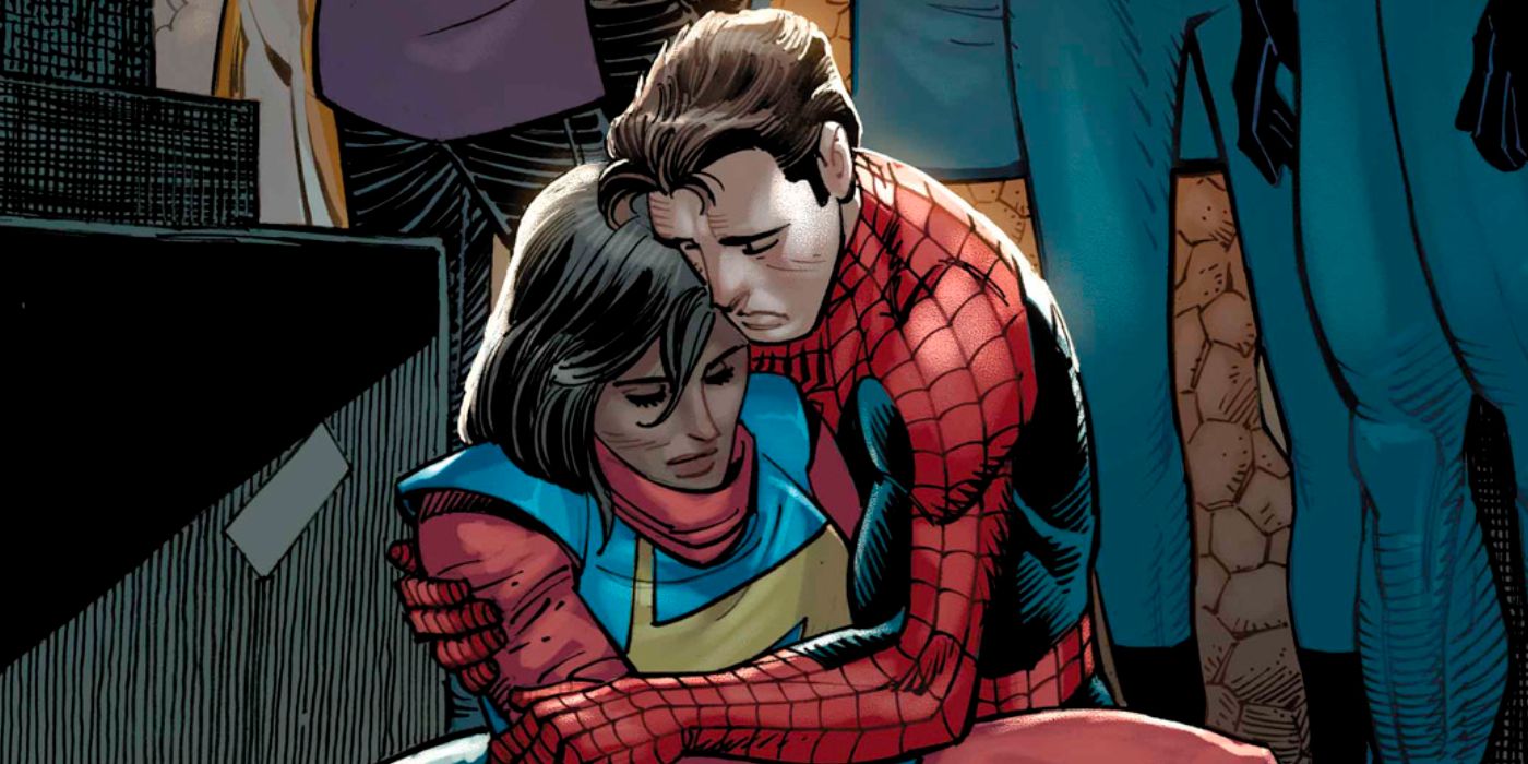 Peter Parker's Spider-Man holds a dead Ms. Marvel (Kamala Khan)