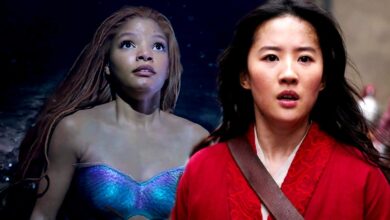 Blended image of Little Mermaid shook and Mulan walking the halls