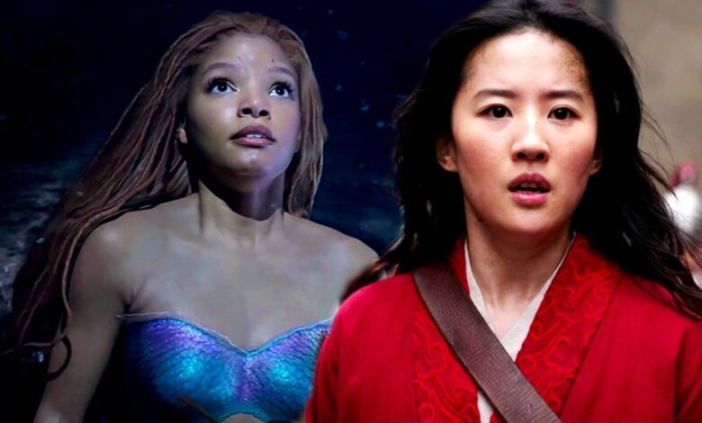 Blended image of Little Mermaid shook and Mulan walking the halls