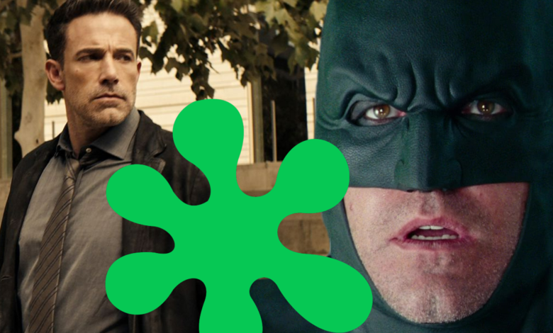 Blended image of Ben Affleck in Hynoptic and him as Batman in the Justice League with the rotten symbol in the front