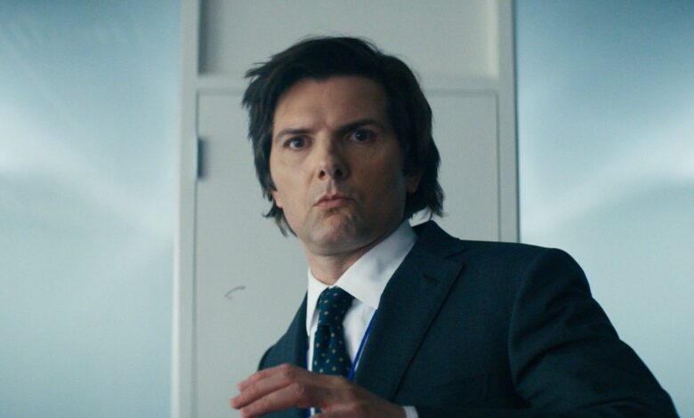 Adam Scott looking startled on Severance