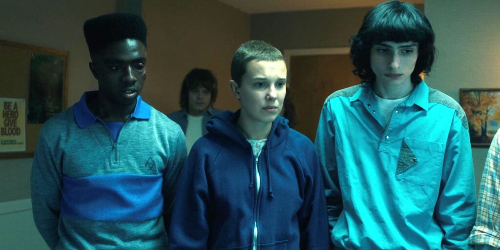 Caleb McLaughlin, Millie Bobby Brown and Finn Wolfhard in Stranger Things Season 4