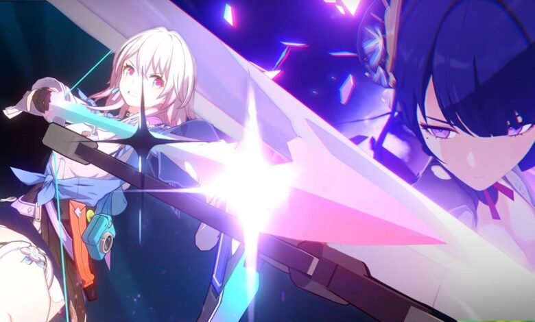 Two female characters from Genshin Impact and Honkai: Star Rail using their ultimates.