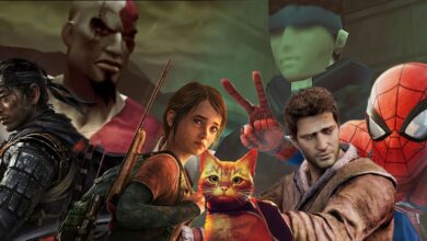 A collage of PlayStation exclusive characters - Kratos and Snake in the background, with Jin, Ellie, the cat from Stray, Nathan Drake, and Spider-Man in the foreground.