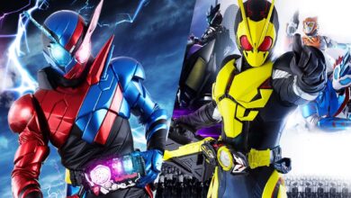 A split image features different Kamen Rider suits