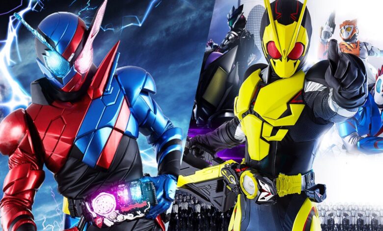 A split image features different Kamen Rider suits
