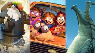 Split image of characters from Klaus, The Mitchells vs The Machines and The Sea Beast