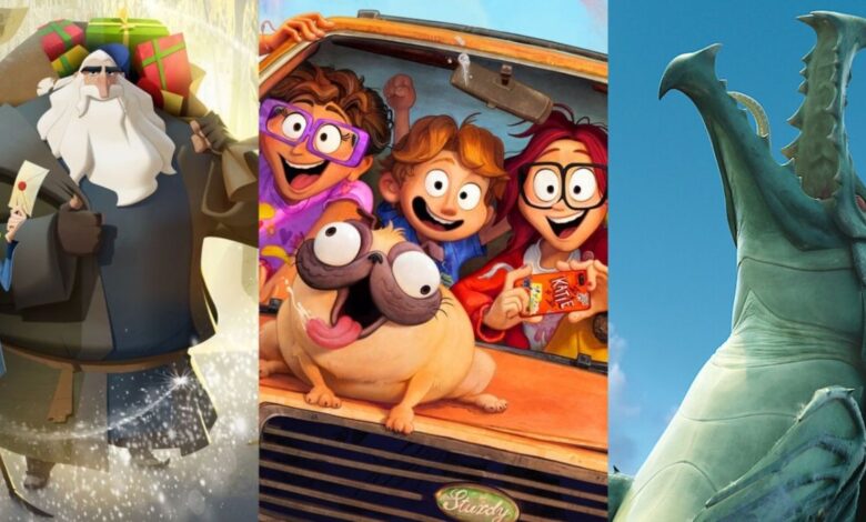 Split image of characters from Klaus, The Mitchells vs The Machines and The Sea Beast