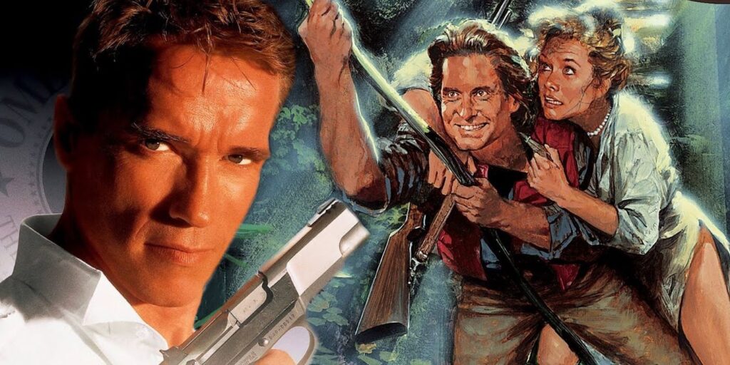 A composite image of Arnold Schwarzenegger from True Lies and the cast of Romancing the Stone