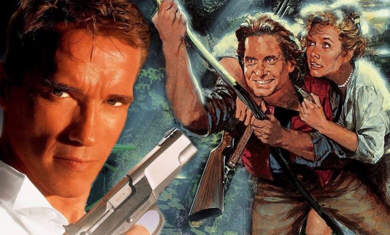 A composite image of Arnold Schwarzenegger from True Lies and the cast of Romancing the Stone