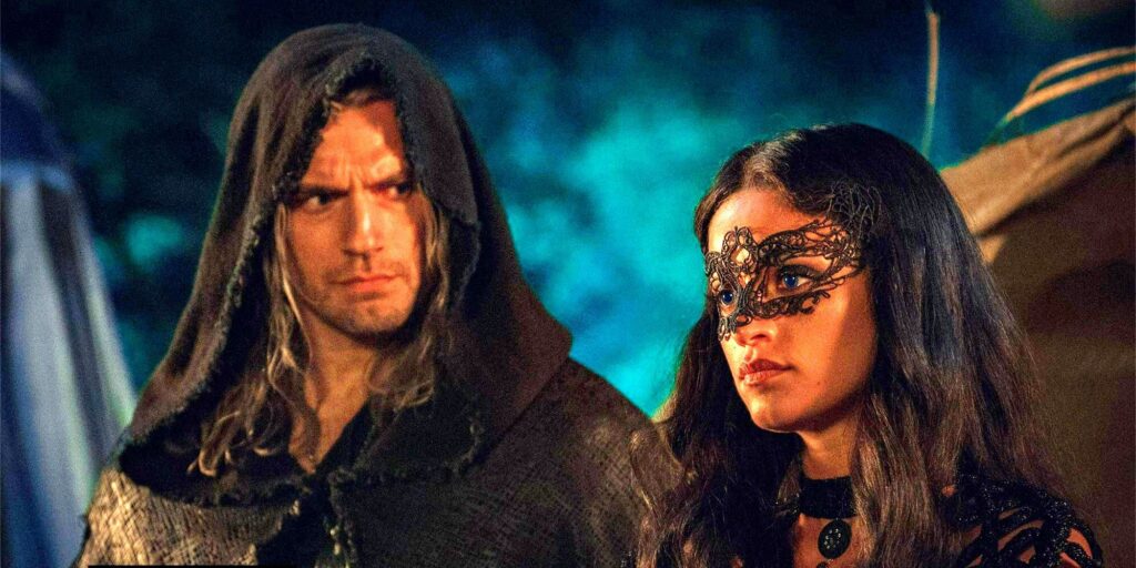 Geralt looking at Yennefer wearing a mask in The Witcher season 3