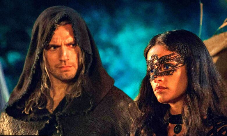 Geralt looking at Yennefer wearing a mask in The Witcher season 3