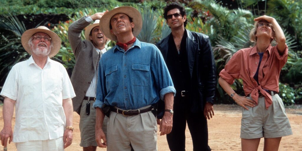 Richard Attenborough as John Hammon, Sam Neil as Alan Grant, Jeff Goldblum as Ian Malcom, and Laura Dern as Ellie Sattler in Jurassic Park